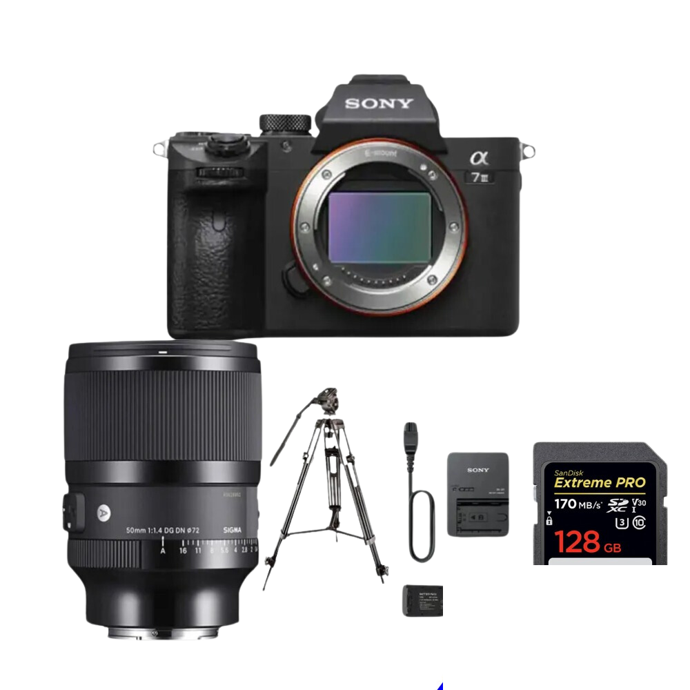 Sony A7iii Camera with 50mm f/1.4 Lens & Video Tripod